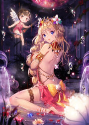 Rule 34 | 1boy, 1girl, ahoge, ancient greek clothes, anklet, aphrodite (mythology), arm at side, armlet, arrow (projectile), backless dress, backless outfit, bad id, bad pixiv id, bare back, barefoot, beads, blonde hair, blue flower, blurry, blush, bow, bow (weapon), breast hold, breasts, bridal garter, bug, butt crack, butterfly, chain, child, chiton, closed mouth, cloud, cupid, depth of field, detached collar, dress, emyo, eyebrows, feathered wings, flower, flying, fountain, fringe trim, from side, gem, gold, grass, greek mythology, hair beads, hair between eyes, hair flower, hair ornament, heart, heart arrow, highres, holding, holding weapon, insect, jewelry, lace, lace-trimmed dress, lace trim, large breasts, light particles, long hair, looking at viewer, looking away, looking back, looking to the side, mother and son, multi-tied hair, night, night sky, original, outstretched arm, petals, pillar, pink dress, planet, plant, purple flower, purple rose, red flower, red lips, red rose, rose, shell, sideboob, signature, single wing, sitting, sky, smile, soles, sparkle, string, toga, very long hair, vines, wariza, water, weapon, white flower, white wings, wings, yellow bow