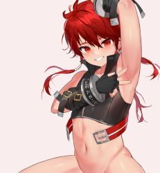 Rule 34 | 1boy, arm up, armpits, artist request, blush, bottomless, elsword, elsword (character), grin, long hair, looking at viewer, male focus, presenting armpit, red eyes, red hair, smile, solo, spread armpit, trap