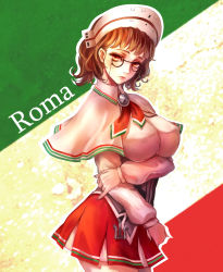 Rule 34 | 10s, 1girl, anchor, blunt bangs, breasts, brown eyes, brown hair, capelet, character name, detached sleeves, garter straps, glasses, gradient background, headdress, highres, inflatable raft, italian flag, italy, kantai collection, lips, ringovalent, roma (kancolle), shirt, short hair, skirt, sleeveless, sleeveless shirt, solo, wavy hair
