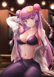 Rule 34 | 1girl, bare shoulders, braid, breasts, collarbone, crescent, crescent hair ornament, crescent moon, double bun, full moon, hair bun, hair ornament, highres, long hair, moon, moonlight, navel, night, night sky, off shoulder, patchouli knowledge, purple eyes, purple hair, red moon, sebu illust, sky, solo, sun, touhou