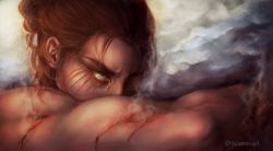 Rule 34 | 1boy, biceps, brown hair, close-up, covered mouth, eren yeager, facial mark, fine art parody, from side, furrowed brow, green eyes, half updo, highres, male focus, medium hair, muscular, muscular male, outstretched arm, parody, rain (rainonmeart), shingeki no kyojin, single tear, solo, steaming body, twitter username, wavy hair