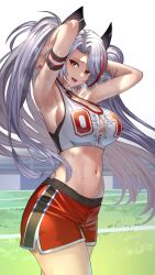 Rule 34 | 1girl, armpits, azur lane, blush, breasts, grey hair, hair between eyes, highres, iitsumonemu, large breasts, long hair, mole, mole on breast, multicolored hair, navel, official alternate costume, open mouth, orange eyes, prinz eugen (azur lane), prinz eugen (brilliant touchdown) (azur lane), red hair, solo, streaked hair, sweat, thighs, two side up