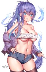 Rule 34 | 1girl, artist name, bare shoulders, black thighhighs, blue eyes, blue fire, blue shorts, borrowed character, breasts, budget sarashi, chest sarashi, cleavage, collarbone, cowboy shot, fire, grin, hand on own hip, highres, jacket, kaptivate, large breasts, long hair, looking at viewer, micro shorts, midriff, navel, off shoulder, open clothes, open jacket, original, parted lips, ponytail, purple hair, purple jacket, sarashi, shorts, skindentation, smile, solo, stomach, thighhighs, thighs, very long hair, white background