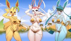 Rule 34 | 3girls, belly dancer, breasts, burgerkiss, cleft of venus, creatures (company), dancer, game freak, gen 4 pokemon, gen 6 pokemon, glaceon, heart, heart-shaped pupils, jewelry, large breasts, leafeon, multiple girls, nintendo, pokemon, pokemon (creature), sylveon, symbol-shaped pupils