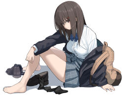 Rule 34 | 1girl, absurdres, arm support, backpack, bag, bare legs, barefoot, black cardigan, black footwear, blue ribbon, blue skirt, breasts, brown hair, cardigan, collared shirt, feet, full body, hair ornament, hairclip, highres, knees together feet apart, large breasts, leaning to the side, legs, loafers, long hair, long sleeves, mameroku, miniskirt, nail polish, neck ribbon, open cardigan, open clothes, original, pink nails, plaid, plaid skirt, pleated skirt, ribbon, school uniform, shadow, shiny skin, shirt, shoes, unworn shoes, simple background, sitting, skirt, unworn socks, solo, thighs, toes, white background, white shirt