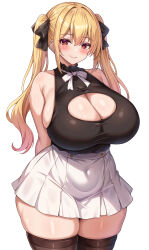 1girl absurdres black_shirt black_thighhighs blonde_hair blush breasts cleavage cleavage_cutout closed_mouth clothing_cutout commentary_request covered_navel hair_between_eyes hair_ribbon highres large_breasts mitomumitomu original pleated_skirt red_eyes ribbon shirt simple_background skirt smile solo standing thighhighs twintails white_background white_skirt