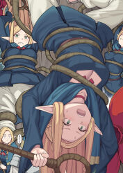 Rule 34 | 1girl, blue capelet, blue robe, blush, breasts, capelet, cleavage, clenched teeth, dungeon meshi, elf, large breasts, long hair, long sleeves, marcille donato, multiple views, open mouth, pants, plant, pointy ears, robe, shiseki hirame, staff, teeth, upside-down, vines, white pants