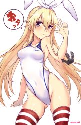 Rule 34 | 1girl, absurdres, aiuti, anchor hair ornament, blonde hair, competition swimsuit, contrapposto, cowboy shot, grey eyes, hair ornament, highleg, highleg swimsuit, highres, kantai collection, long hair, looking at viewer, one-piece swimsuit, parted lips, shimakaze (kancolle), simple background, skindentation, solo, striped clothes, striped thighhighs, swimsuit, thighhighs, twitter username, v, white background, white one-piece swimsuit