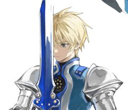 Rule 34 | 1boy, armor, blonde hair, blue eyes, closed mouth, commentary request, flynn scifo, holding, holding sword, holding weapon, male focus, short hair, shoulder armor, simple background, solo, sword, tales of (series), tales of vesperia, tiyi (tiyi a09), upper body, weapon, white background