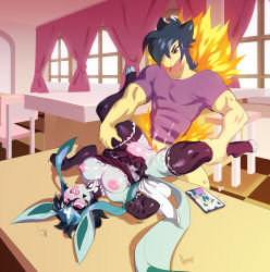 Rule 34 | 1boy, 2girls, :o, abs, ahegao, ahoge, black hair, blonde hair, blush, bottomless, breasts, breasts out, cellphone, choker, clothed sex, creatures (company), elbow gloves, fire, furry, game freak, gen 2 pokemon, gen 4 pokemon, gen 6 pokemon, glaceon, gloves, green eyes, hair over one eye, heart, heart ahoge, hetero, highres, hoshi (nedoiko), indoors, interspecies, large breasts, leg grab, long hair, maid, meowstic, meowstic (female), missionary, multiple girls, muscular, nintendo, nipples, open mouth, orgasm, paw pose, phone, pink hair, pokemon, pokemon (creature), purple eyes, sex, shirt, short hair, spread legs, standing, stomach bulge, surprised, table, thick thighs, thighhighs, thighs, tongue, tongue out, typhlosion, uncensored, vaginal, watching, window