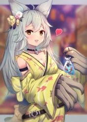 Rule 34 | 1girl, ahoge, alternate costume, animal ears, animal print, arm strap, bag, bagged fish, belt, black collar, blush, breasts, claw (weapon), claws, cleavage, collar, collarbone, commentary request, detached sleeves, erune, fang, fish, fish print, flower, goldfish, granblue fantasy, grey hair, hair between eyes, hair flower, hair ornament, heart, highres, japanese clothes, kimono, large breasts, long hair, long sleeves, looking at viewer, open mouth, revision, sen (granblue fantasy), smile, solo, standing, uneg, weapon, yellow kimono, yukata