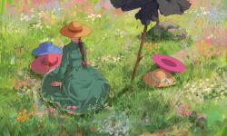 Rule 34 | 1girl, absurdres, braid, brown hair, closed mouth, covered eyes, dress, flower, from above, grass, green dress, hair ribbon, hat, hat ribbon, highres, howl no ugoku shiro, long hair, long sleeves, null (skev7724), on grass, on ground, orange flower, pink flower, ribbon, rock, scarecrow, single braid, sitting, smile, solo, sophie (howl no ugoku shiro), straw hat, sun hat, white flower