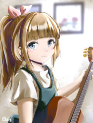 Rule 34 | 1girl, apron, asuka (pixiv82529874), blue eyes, blunt bangs, blurry, blurry background, bow, brown hair, guitar, hair bow, highres, holding, holding instrument, instrument, light smile, long hair, medibang paint (medium), original, pink bow, ponytail, shirt, solo, upper body, white shirt