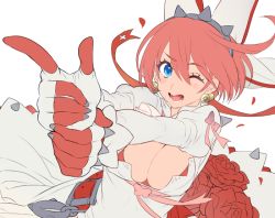Rule 34 | 1girl, blue eyes, blush, breasts, cleavage cutout, clothing cutout, dress, earrings, elphelt valentine, female focus, fingernails over gloves, flower, gloves, guilty gear, guilty gear xrd, hairband, hat, ikezaki misa, jewelry, large breasts, one eye closed, petals, pink hair, red flower, red rose, rose, rose petals, short hair, solo, spikes, veil