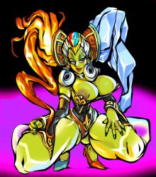 Rule 34 | breasts, cameltoe, colored skin, covered erect nipples, green skin, large breasts, monster girl, nintendo, pointy ears, squatting, the legend of zelda, the legend of zelda: ocarina of time, twinrova