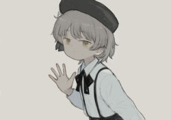 Rule 34 | 1girl, asasow, beret, black hat, black ribbon, brown background, brown eyes, brown hair, closed mouth, collared shirt, commentary request, flower, from side, hair flower, hair ornament, hair ribbon, hand up, hat, hatoba tsugu, leaning forward, long sleeves, mole, mole under eye, neck ribbon, ribbon, shirt, simple background, smile, solo, suspenders, tsugu (vtuber), upper body, virtual youtuber, waving, white flower, white shirt