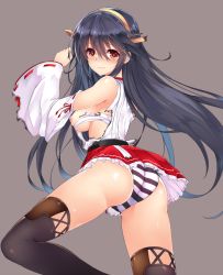 Rule 34 | 10s, 1girl, ass, bare shoulders, black hair, blush, breasts, detached sleeves, hairband, haruna (kancolle), heart, heart-shaped pupils, japanese clothes, kantai collection, long hair, looking at viewer, medium breasts, nakatama kyou, nipples, nontraditional miko, panties, sarashi, smile, solo, striped clothes, striped panties, symbol-shaped pupils, tears, torn clothes, underwear, wavy mouth