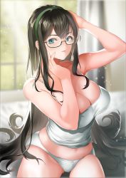 Rule 34 | 1girl, absurdres, alternate breast size, aqua eyes, arms up, black hair, bow, bow panties, breasts, camisole, cleavage, collarbone, commentary request, crossed bangs, curtains, effort star, glasses, headband, highres, indoors, kantai collection, large breasts, long hair, looking at viewer, on bed, ooyodo (kancolle), panties, parted lips, semi-rimless eyewear, sitting, skindentation, solo, thighs, under-rim eyewear, underwear, white camisole, white panties, window