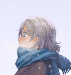 Rule 34 | 1girl, blue eyes, blush, brown hair, face, from side, fukutarou (enji127), love live!, love live! sunshine!!, profile, scarf, short hair, snow, solo, watanabe you, winter clothes