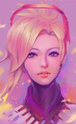 Rule 34 | 1girl, blonde hair, blue eyes, face, halo, highres, long hair, looking at viewer, makeup, mascara, mechanical halo, mercy (overwatch), overwatch, overwatch 1, solo, yy6242
