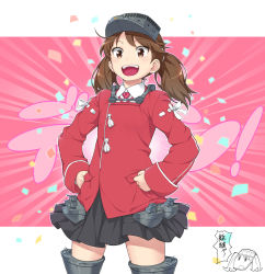 Rule 34 | 10s, 1girl, :d, blush, brown eyes, brown hair, confetti, flat chest, hands on own hips, hat, kantai collection, komase (jkp423), long hair, magatama, open mouth, ryuujou (kancolle), skirt, smile, solo, twintails, visor cap