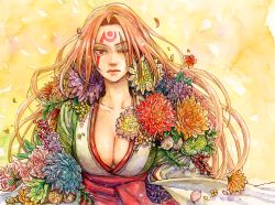 Rule 34 | 1girl, baiken, breasts, cleavage, collarbone, facial mark, female focus, flower, guilty gear, guilty gear xx, hitsuki (hiidukii), huge breasts, japanese clothes, kimono, leaf, lips, long hair, looking at viewer, obi, one-eyed, one eye closed, petals, pink flower, pink hair, pink rose, red eyes, rose, sash, scar, scar across eye, scar on face, solo, upper body, yellow background