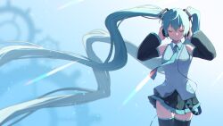 Rule 34 | 1girl, absurdres, aqua hair, black sleeves, black thighhighs, blue necktie, blue shirt, closed eyes, closed mouth, collared shirt, commentary, detached sleeves, hair ornament, hands up, hatsune miku, headphones, highres, long hair, necktie, pleated skirt, shirt, skirt, sleeveless, sleeveless shirt, smile, solo, standing, thighhighs, twintails, very long hair, vocaloid, yaki tai, zettai ryouiki