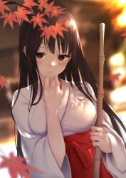 Rule 34 | 1girl, absurdres, autumn leaves, black hair, blurry, blurry background, blush, breasts, broom, brown eyes, closed mouth, depth of field, falling leaves, hakama, hakama skirt, hand up, hazuki gyokuto, highres, holding, holding broom, japanese clothes, kosode, large breasts, leaf, light smile, long hair, looking at viewer, maple leaf, miko, original, skirt, solo