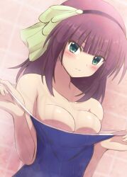 Rule 34 | 1girl, angel beats!, bare arms, bare shoulders, bathroom, black hairband, blue one-piece swimsuit, blunt bangs, blush, bow, breasts, cleavage, closed mouth, clothes pull, collarbone, commentary request, eyelashes, eyes visible through hair, fingernails, frown, green bow, green eyes, hair bow, hairband, highres, indoors, lelie (lelie link), looking at viewer, medium breasts, medium hair, nakamura yuri, nipple slip, nipples, one-piece swimsuit, one-piece swimsuit pull, pulling own clothes, purple hair, shiny skin, shy, solo, straight hair, swimsuit, tile wall, tiles, undressing, upper body, w arms, wet, wet clothes, wet swimsuit