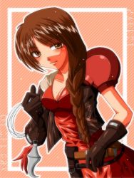 Rule 34 | 1girl, arc the lad, arc the lad twilight of the spirits, armor, blush, breasts, brown eyes, brown hair, cleavage, female focus, gloves, long hair, mole, paulette (arc the lad), shoulder pads, solo, takeuchi (pixiv48797)