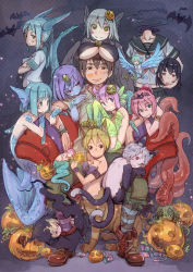 Rule 34 | 1boy, 6+girls, animal ears, armlet, bad id, bad pixiv id, bakeneko, bat (animal), black hair, blonde hair, blue eyes, blue hair, blue skin, blue wings, breast rest, breasts, breasts on head, brown eyes, brown hair, candy, cat ears, cat tail, centaur, centauroid, cleavage, clothing cutout, colored skin, costume, crossed arms, dragon, dragon girl, dullahan, feathered wings, feathers, fins, food, forked tongue, ghost, halloween, harem, harpy, hat, highres, horns, jack-o&#039;-lantern, lamia, long hair, mermaid, mini person, minigirl, monster girl, multiple girls, multiple tails, nekomata, nucomas, nude, original, plant girl, pumpkin, purple hair, red eyes, revealing clothes, scales, school uniform, scylla, severed head, short hair, tail, talons, taur, tentacles, tongue, underboob, underboob cutout, very long hair, white hair, winged arms, wings, witch hat