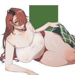 Rule 34 | 1girl, :q, arm support, artist name, blanket, blush, breasts, character request, cleavage, collarbone, commentary, copyright request, covered erect nipples, dated, earrings, feet out of frame, green background, hair over one eye, half-closed eyes, highres, jewelry, lifting covers, long hair, looking at viewer, lying, mature female, mole, mole on arm, mole on breast, mole on ear, mole on neck, mole on thigh, mole under eye, muroku (aimichiyo0526), on side, panties, red hair, red panties, shadow, solo, thick thighs, thighs, tongue, tongue out, underwear, very long hair, white background, wide hips