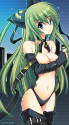 Rule 34 | 1girl, animal ears, belt, blue eyes, breast hold, breasts, covering privates, detached sleeves, green hair, large breasts, long hair, original, solo, stomach, thighhighs, topless, won (az hybrid)