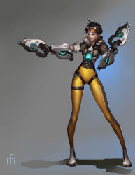 Rule 34 | 1girl, absurdres, bodysuit, brown hair, candy, dual wielding, food, goggles, gun, highres, holding, lollipop, midfinger, overwatch, overwatch 1, short hair, solo, spiked hair, tracer (overwatch), union jack, weapon