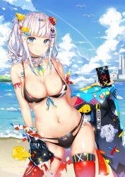 Rule 34 | 1girl, absurdres, animal, bare shoulders, beach, bird, blue eyes, blue sky, blush, breasts, choker, cleavage, closed mouth, cloud, collarbone, commentary request, cowboy shot, day, gluteal fold, hair between eyes, hair ornament, hairclip, highres, jacket, jewelry, kaguya luna, kiriko (araragikoyomi), large breasts, looking at viewer, nail polish, navel, ocean, off shoulder, outdoors, panties, purple nails, red thighhighs, revision, ring, sand, shiny skin, sidelocks, silver hair, single thighhigh, skindentation, sky, smile, solo, stomach, swimsuit, the moon studio, thigh strap, thighhighs, twintails, underwear, virtual youtuber, yellow nails