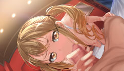 Rule 34 | 1boy, 1girl, all fours, bang dream!, blonde hair, breasts, brown eyes, censored, commission, fellatio, hanging breasts, hetero, highres, ichigaya arisa, large breasts, looking at viewer, mosaic censoring, oral, penis, pixiv commission, pov, q (ed69), swimsuit, twintails