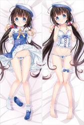 Rule 34 | 10s, 1girl, ahoge, bakugadou, bare arms, bare legs, bare shoulders, barefoot, bed sheet, beret, blue dress, blue eyes, blue footwear, blush, bobby socks, bow, bow panties, breasts, brown hair, bustier, closed mouth, collarbone, commentary request, dakimakura (medium), dress, feet, frilled panties, frills, groin, hands up, hat, hinatsuru ai, layered sleeves, long hair, long sleeves, looking at viewer, low twintails, lying, medium breasts, multiple views, on back, panties, parted lips, ryuuou no oshigoto!, school uniform, shoes, short over long sleeves, short sleeves, single shoe, smile, socks, thigh strap, toes, twintails, underwear, underwear only, unworn shoes, very long hair, white hat, white legwear, white panties