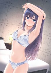Rule 34 | 1girl, 3:, absurdres, armpits, arms up, bare arms, bare shoulders, bed, bedroom, black hair, blue eyes, blush, bra, breasts, collarbone, cowboy shot, embarrassed, frown, hair down, highres, indoors, karutamo, lamp, lingerie, long hair, looking at viewer, medium breasts, navel, nose blush, original, panties, pillow, rakugaki-chan, solo, stomach, thighs, underwear, underwear only, v-shaped eyebrows, white bra, white panties