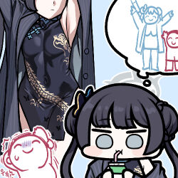 Rule 34 | 1boy, 1girl, ^ ^, armpits, arms up, doodle sensei (blue archive), black hair, blue archive, blue eyes, blunt bangs, chibi, china dress, chinese clothes, closed eyes, covered navel, double bun, dress, drinking, drinking straw, hair bun, hair ornament, halo, jazz jack, kisaki (blue archive), lowres, sensei (blue archive), smile, sweatdrop, trembling, twintails