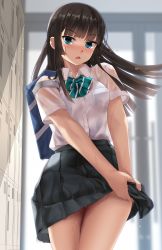 Rule 34 | 1girl, black hair, black skirt, blue eyes, blunt bangs, blurry, blurry background, bow, commentary request, cowboy shot, diagonal-striped bow, door, eto, green neckwear, highres, hime cut, indoors, locker, long hair, looking at viewer, open mouth, original, pleated skirt, see-through, shirt, short sleeves, sidelocks, skirt, solo, standing, thighs, uniform, wet, wet clothes, white shirt, wringing clothes, wringing skirt