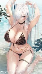 Rule 34 | 1girl, :q, absurdres, armpits, arms up, bare arms, bare shoulders, barefoot, belly chain, bikini, black bikini, black choker, blue eyes, blurry, blush, breasts, chain, choker, cleavage, day, depth of field, front-tie top, genshin impact, gold chain, hair ornament, hair over one eye, hair ribbon, halterneck, hand in own hair, highres, jewelry, large breasts, long hair, looking at viewer, navel, o-ring, o-ring bikini, one eye covered, outdoors, plant, red ribbon, ribbon, shallow water, shenhe (genshin impact), side-tie bikini bottom, sitting, sitting on water, skindentation, smile, solo, stomach, strap gap, string bikini, swept bangs, swimsuit, thigh gap, thigh strap, thighs, tongue, tongue out, u ronnta, very long hair, wariza, water, wet, white hair