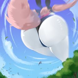 Rule 34 | 1girl, absurdres, ass, black bow, black panties, bow, cloud, crushing, fate/grand order, fate (series), fox girl, fox tail, giant, giantess, highres, huge ass, koyanskaya (fate), leotard, panties, pantyhose, pink hair, sky, tail, tamamo (fate), thighhighs, thong, tree, twintails, underwear, white thighhighs
