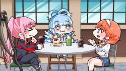Rule 34 | 3girls, ahoge, blue eyes, blue hair, braid, breasts, cake, cake slice, chibi, closed eyes, crop top, cup, drinking glass, earrings, eating, family, father and son, feather earrings, feathers, food, fork, hairband, highres, holding, hololive, hololive english, hololive indonesia, jacket, jewelry, kobo kanaeru, kobo kanaeru (1st costume), komainu channel, long hair, medium breasts, midriff, mori calliope, mori calliope (streetwear), mother and daughter, multicolored clothes, multicolored hair, multicolored jacket, multiple girls, navel, official alternate costume, open mouth, pants, pink hair, ponytail, red jacket, shirt, sitting, skirt, smile, strawberry shortcake, streaked hair, sweatpants, takanashi kiara, takanashi kiara (casual), two-tone hair, two-tone jacket, virtual youtuber, white hairband, wine glass