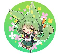 Rule 34 | 1girl, ;d, arm up, black socks, blush, bow, chibi, collared shirt, commentary request, fang, floral background, full body, green background, green footwear, green hair, green shorts, hair between eyes, highres, milkpanda, one eye closed, open mouth, outline, puffy short sleeves, puffy sleeves, red bow, round image, shirt, shoes, short eyebrows, short sleeves, shorts, smile, socks, solo, thick eyebrows, two-tone background, voicevox, w, white background, white outline, white shirt, yellow eyes, zundamon