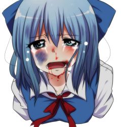 Rule 34 | 1girl, abuse, beaten, blood, blood in mouth, blood on face, blue dress, blue eyes, blue hair, bow, bruise, cirno, crying, crying with eyes open, domestic violence, dress, hair between eyes, hair bow, injury, looking at viewer, matching hair/eyes, negiko, nosebleed, aged up, open mouth, shirt, short hair, sobbing, solo, tears, touhou, upper body