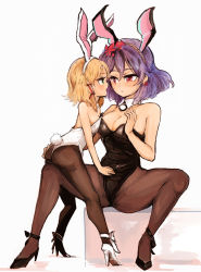 Rule 34 | 2girls, alternate costume, animal ears, ass, ass grab, asymmetrical docking, bad id, bad pixiv id, bare shoulders, blonde hair, breast press, breasts, rabbit ears, rabbit tail, cleavage, detached collar, earrings, eye contact, fishnet pantyhose, fishnets, green eyes, hair ornament, hair ribbon, hand on another&#039;s stomach, high heels, jewelry, leaf, leaf hair ornament, looking at another, moriya suwako, multiple girls, open mouth, pantyhose, petite, playboy bunny, purple hair, red eyes, ribbon, short hair, sidelocks, sitting, sitting on object, sitting on person, size difference, spread legs, straddling, tail, thigh straddling, touhou, wataichi meko, wrist cuffs, yasaka kanako, yellow eyes, yuri