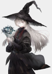 Rule 34 | 1girl, absurdres, black coat, black hat, black skirt, black sweater, blue flower, bouquet, coat, cowboy shot, flower, grey background, grey eyes, grey hair, hair over one eye, hat, highres, holding, holding bouquet, holding flower, isekai joucho, jewelry, kamitsubaki studio, long hair, long sleeves, looking at viewer, misumigumi, off shoulder, one eye covered, open clothes, open coat, parted lips, ribbed sweater, scarf, simple background, skirt, solo, standing, sweater, turtleneck, turtleneck sweater, virtual youtuber, white background, witch, witch hat