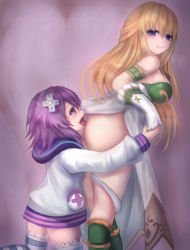 Rule 34 | 2girls, anilingus, armband, ass, blonde hair, blush, boots, braid, breasts, clothes lift, commentary, d-pad, d-pad hair ornament, dress, dress lift, gloves, green footwear, hair ornament, highres, holding hands, hood, hooded track jacket, jacket, lipstick, long hair, makeup, medium breasts, medium hair, multiple girls, neptune (neptunia), neptune (series), panties, panties around leg, purple background, purple eyes, purple hair, saliva, simple background, smile, striped clothes, striped legwear, striped thighhighs, suterisu, thighhighs, tongue, tongue out, track jacket, underwear, vert (neptunia), yuri