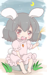 Rule 34 | 1girl, :d, animal ears, black hair, blush, carrot necklace, chibi, highres, holding, inaba tewi, jewelry, looking at viewer, necklace, night, open mouth, pendant, rabbit ears, rabbit girl, rabbit tail, red eyes, short hair, sitting, sketch, smile, solo, stone, sunken cheeks, tail, touhou, yuzuna99