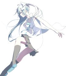 Rule 34 | 1girl, absurdres, aqua eyes, aqua hair, aspara, dress, floating hair, from side, grey skirt, grey socks, half-closed eyes, hand on own chest, hatsune miku, highres, kneehighs, long hair, parted lips, pleated skirt, profile, simple background, skirt, sleeveless, sleeveless dress, socks, solo, twintails, vocaloid, white background, white dress
